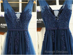 Navy Blue V-Neckline Tulle With Lace Applique Short Prom Dresses, Blue Bridesmaid Dresses