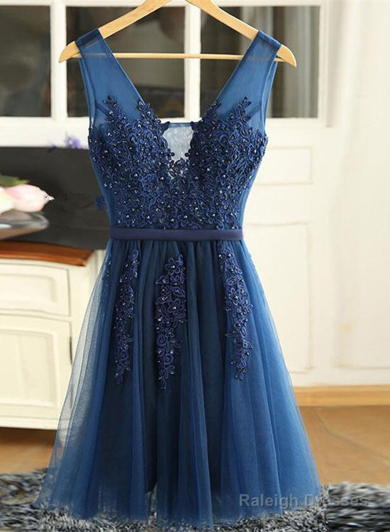 Navy Blue V-Neckline Tulle With Lace Applique Short Prom Dresses, Blue Bridesmaid Dresses Main image
