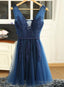 Navy Blue V-Neckline Tulle With Lace Applique Short Prom Dresses, Blue Bridesmaid Dresses