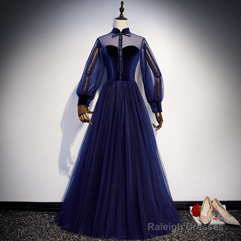 Navy Blue Velvet And Tulle A-Line Long Sleeves Prom Dresses, Blue Bridesmaid Dresses