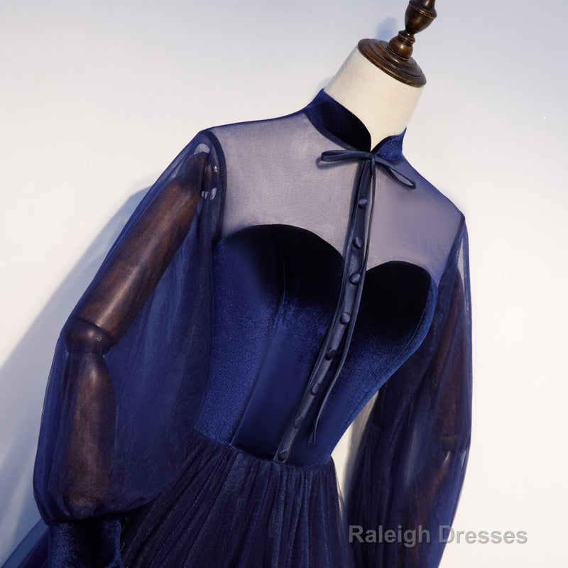 Navy Blue Velvet And Tulle A-Line Long Sleeves Prom Dresses, Blue Bridesmaid Dresses
