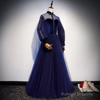 Navy Blue Velvet And Tulle A-Line Long Sleeves Prom Dresses, Blue Bridesmaid Dresses