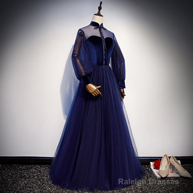 Navy Blue Velvet And Tulle A-Line Long Sleeves Prom Dresses, Blue Bridesmaid Dresses