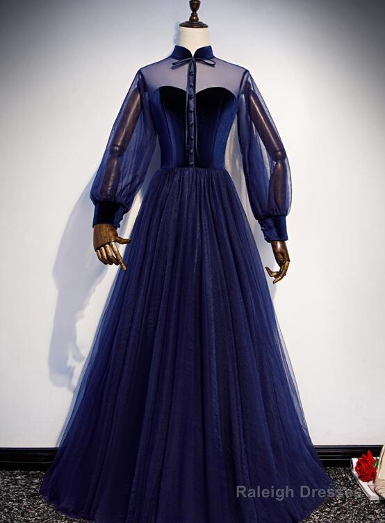 Navy Blue Velvet And Tulle A-Line Long Sleeves Prom Dresses, Blue Bridesmaid Dresses Main image