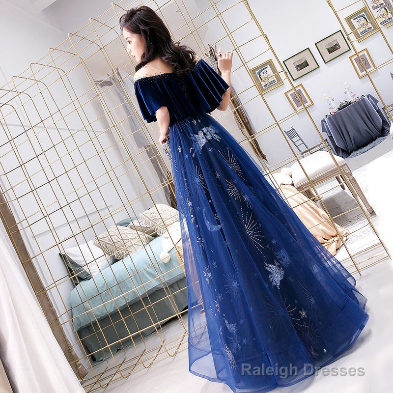 Navy Blue Velvet And Tulle Floor Length Evening Dress Party Dress, Blue Junior Prom Dresses