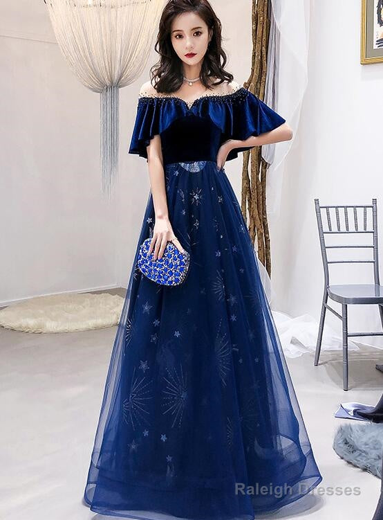 Navy Blue Velvet And Tulle Floor Length Evening Dress Party Dress, Blue Junior Prom Dresses Main image