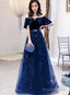 Navy Blue Velvet And Tulle Floor Length Evening Dress Party Dress, Blue Junior Prom Dresses