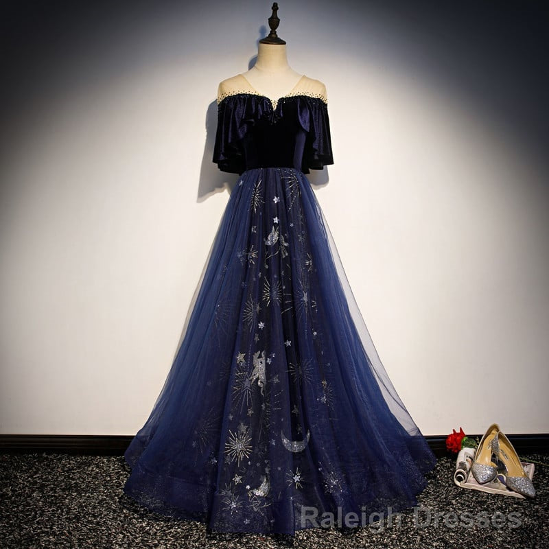 Navy Blue Velvet and Tulle Long Party Dress A-line Blue Evening Dress prom dresses shops Secondary image