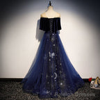 Navy Blue Velvet and Tulle Long Prom Dress A Line Blue Prom Dress shops