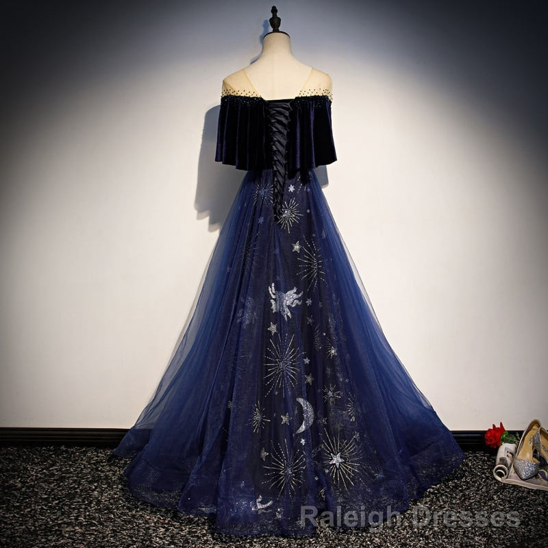 Navy Blue Velvet and Tulle Long Prom Dress A Line Blue Prom Dress shops