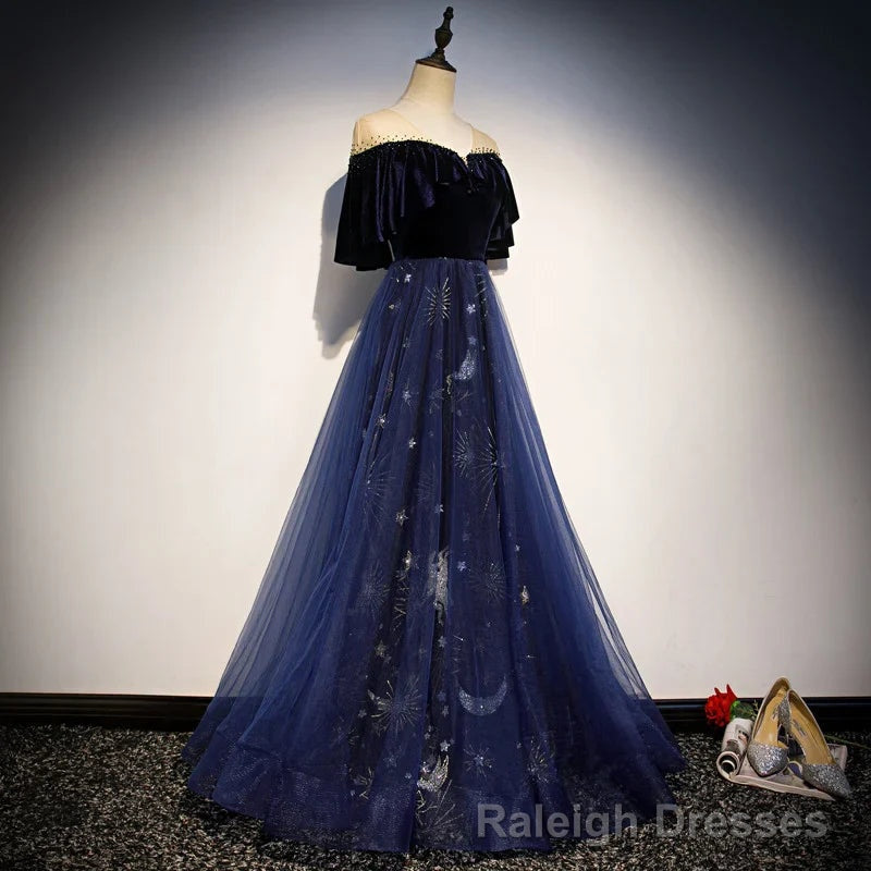 Navy Blue Velvet and Tulle Long Party Dress A-line Blue Evening Dress prom dresses shops