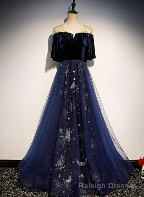 Navy Blue Velvet and Tulle Long Party Dress A-line Blue Evening Dress prom dresses shops Main image