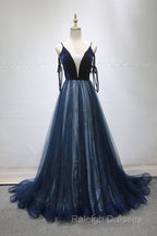 Navy Blue Velvet And Tulle Long Prom Dress Party Dress, Navy Blue Evening Dress