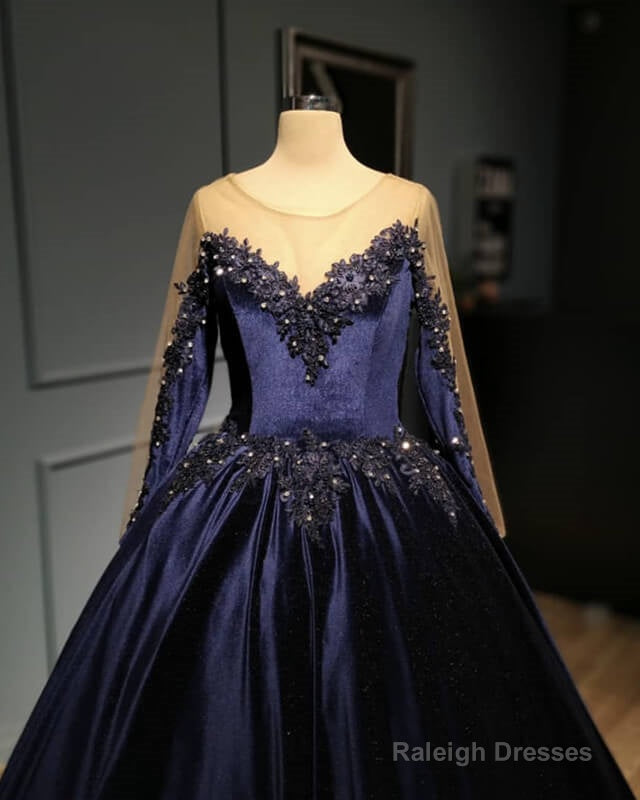 Navy Blue Velvet Ball Gown Long Sleeve Dress Secondary image