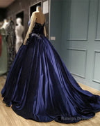 Navy Blue Velvet Ball Gowns Long Sleeve Dresses
