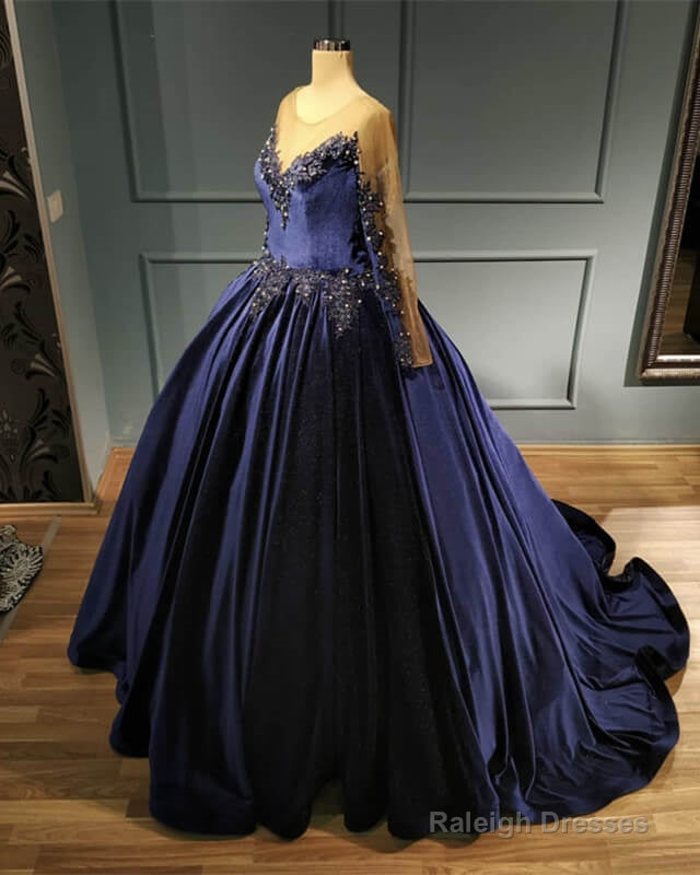 Navy Blue Velvet Ball Gowns Long Sleeve Dresses Main image