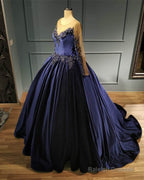 Navy Blue Velvet Ball Gowns Long Sleeve Dresses