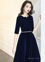 Navy Blue Velvet Knee Length Simple Bridesmaid Dress Short Blue Velvet Prom Dress With Beadings