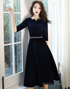 Navy Blue Velvet Knee Length Simple Bridesmaid Dress Short Blue Velvet Prom Dress With Beadings