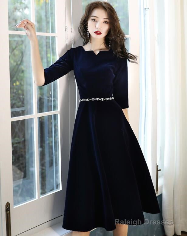 Navy Blue Velvet Knee Length Simple Bridesmaid Dress Short Blue Velvet Prom Dress With Beadings