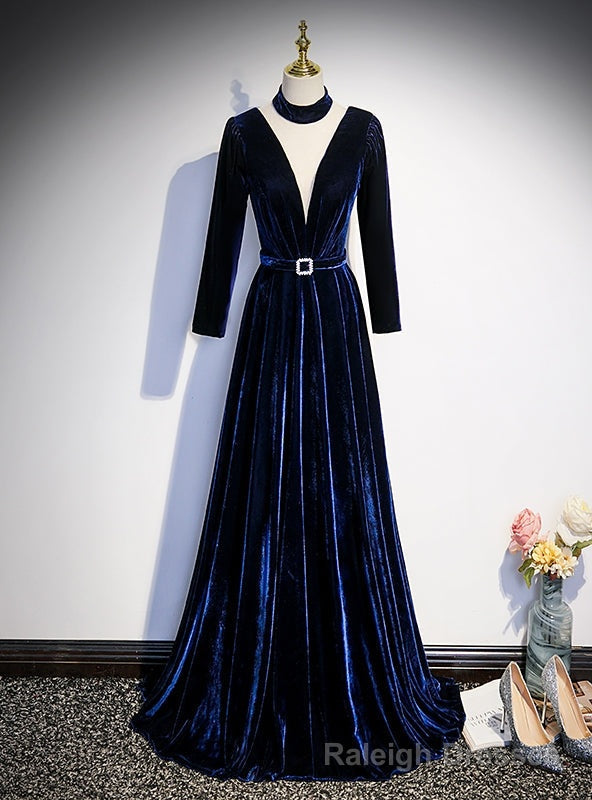 Navy Blue Velvet Long Sleeve Pleats Prom Dress Main image