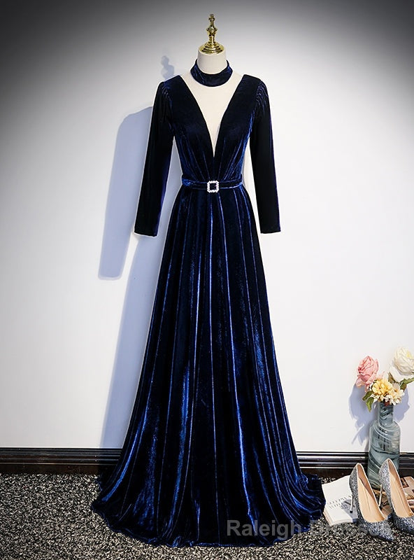 Navy Blue Velvet Long Sleeve Pleats Prom Dress
