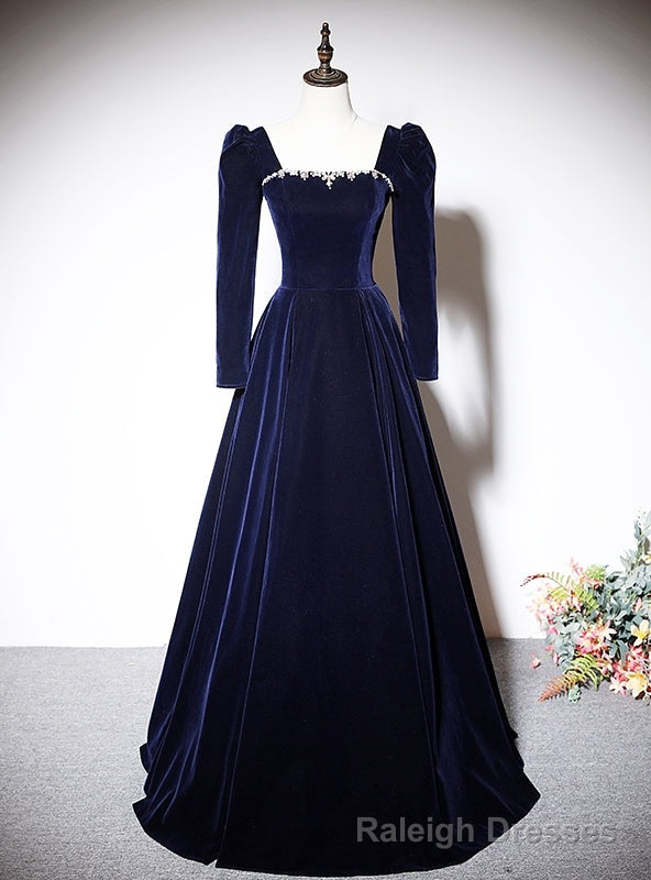 Navy Blue Velvet Long Sleeve Square Neck Prom Dress Main image