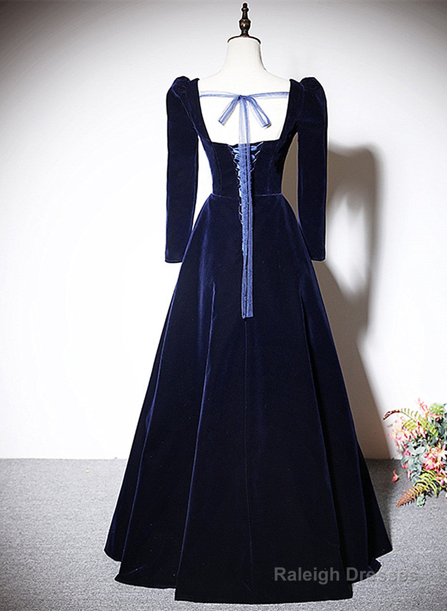 Navy Blue Velvet Long Sleeves Beaded Formal Dress, Blue A-Line Prom Dress