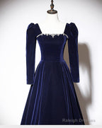 Navy Blue Velvet Long Sleeves Beaded Formal Dress, Blue A-Line Prom Dress