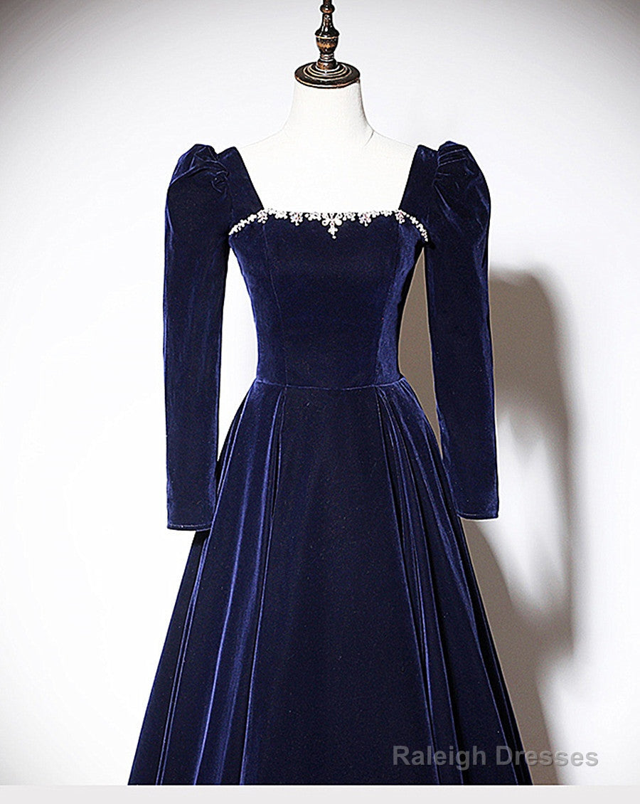 Navy Blue Velvet Long Sleeves Beaded Formal Dress, Blue A-Line Prom Dress