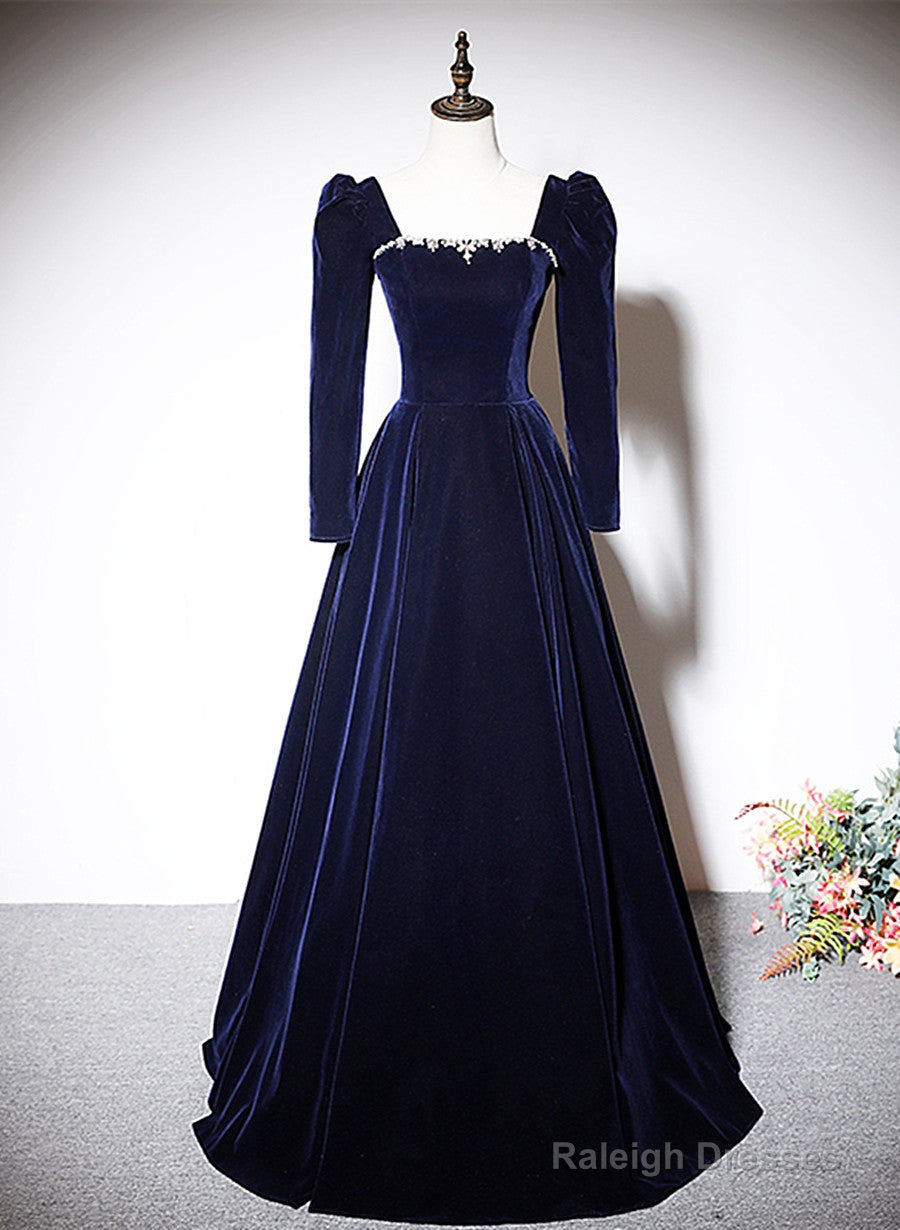 Navy Blue Velvet Long Sleeves Beaded Formal Dress, Blue A-Line Prom Dress Main image