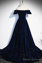Navy Blue Velvet Off Shoulder Long Prom Dress, Navy Blue Prom Dress Formal Dress