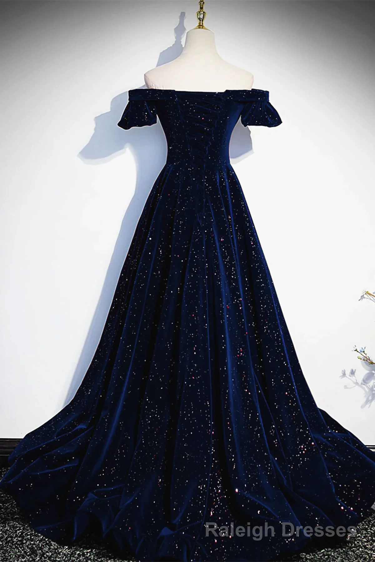 Navy Blue Velvet Off Shoulder Long Prom Dress, Navy Blue Prom Dress Formal Dress