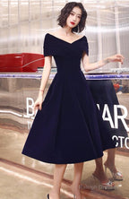Navy Blue Velvet Tea Length V-Neckline Party Dress, Navy Blue Bridesmaid Dress Party Dress