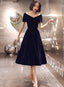 Navy Blue Velvet Tea Length V-Neckline Prom Dresses Navy Blue Bridesmaid Dresses Prom Dresses