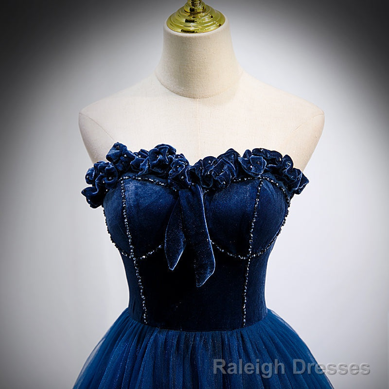 Navy Blue Velvet Top and Tulle Long Formal Dress, Blue Sweetheart Prom Dress Secondary image