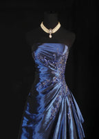 Navy Blue Vintage Elegant Fashion Ball Gown Off Shoulder Long Satin Prom Dress Evening Dress Party Dress