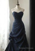 Navy Blue Vintage Style Taffeta Long Prom Dress, Navy Blue Party Dress