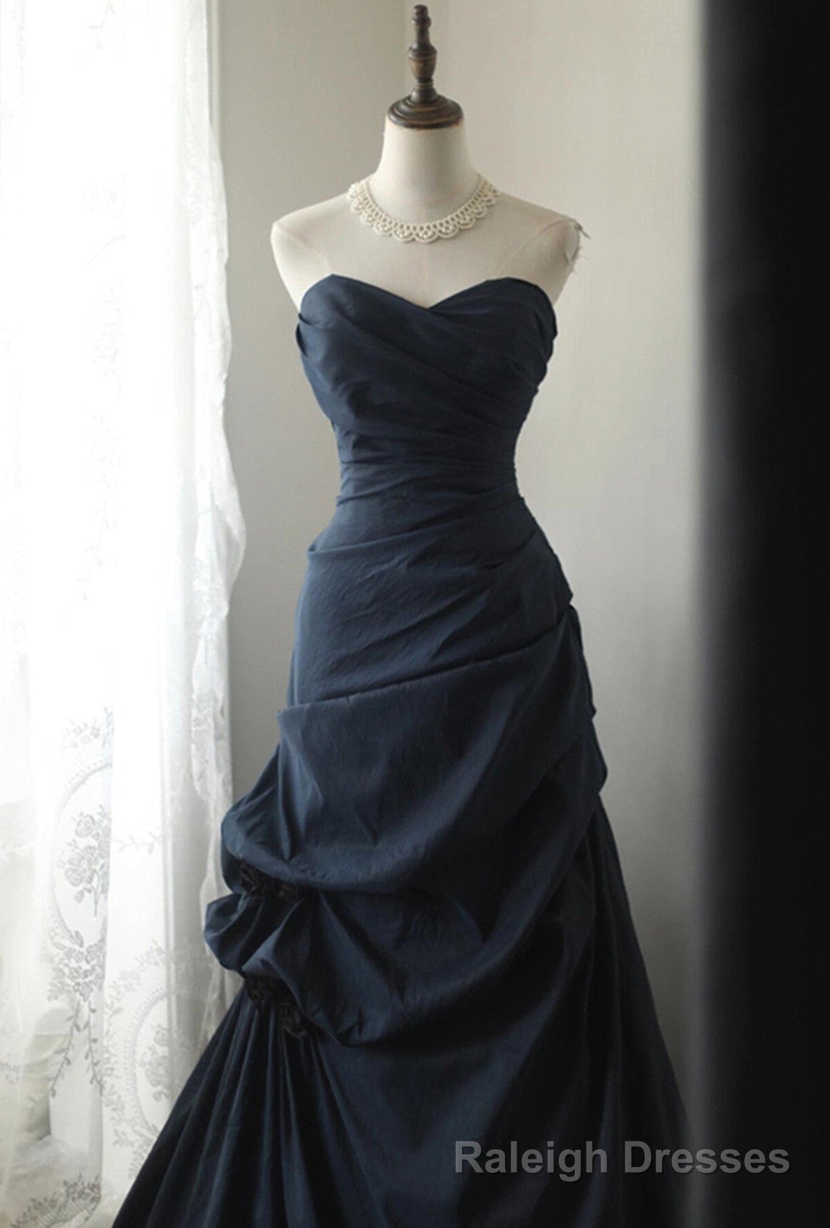 Navy Blue Vintage Style Taffeta Long Prom Dress, Navy Blue Party Dress