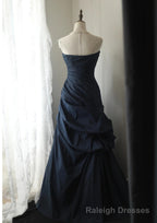 Navy Blue Vintage Style Taffeta Long Prom Dress, Navy Blue Prom Dress