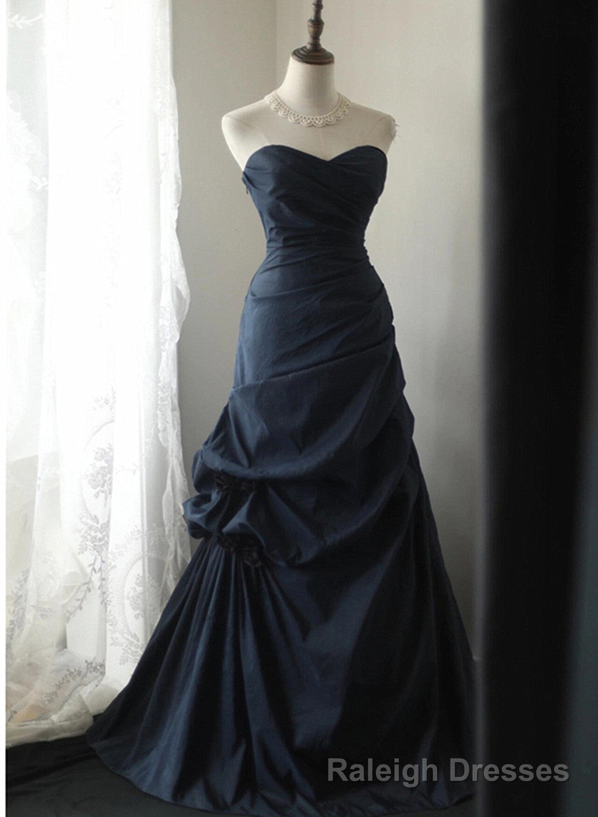Navy Blue Vintage Style Taffeta Long Prom Dress, Navy Blue Prom Dress