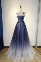 Navy Gradient A Line Tulle Long Prom Dress