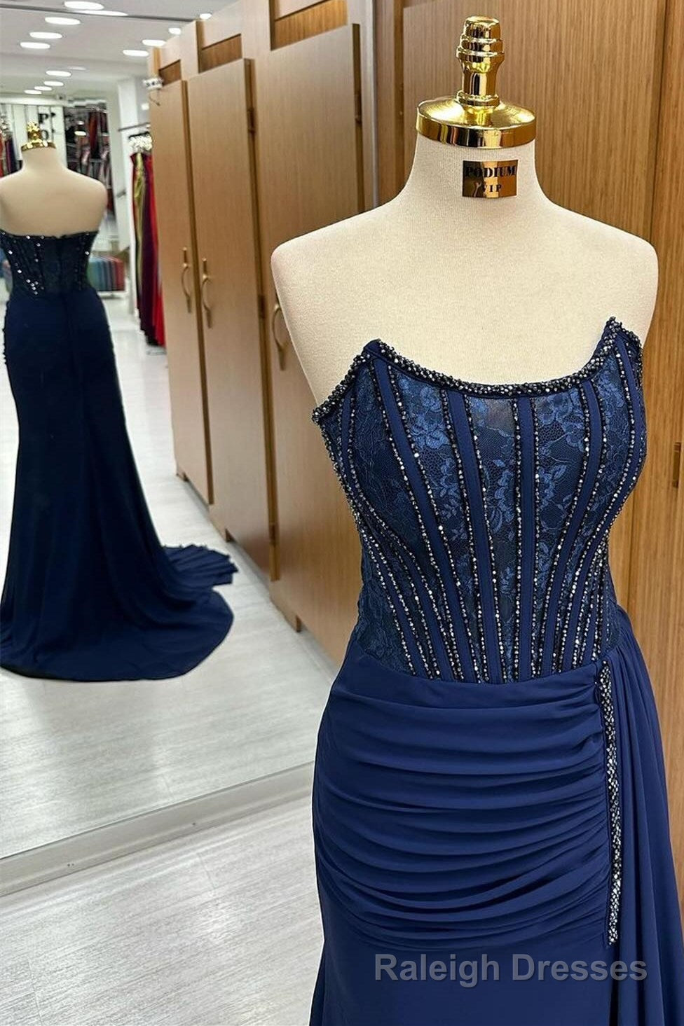 Navy Lace Beaded Strapless Long Formal Dress with Attached Train Secondary image