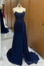 Navy Lace Beaded Strapless Long Formal Dress with Attached Train