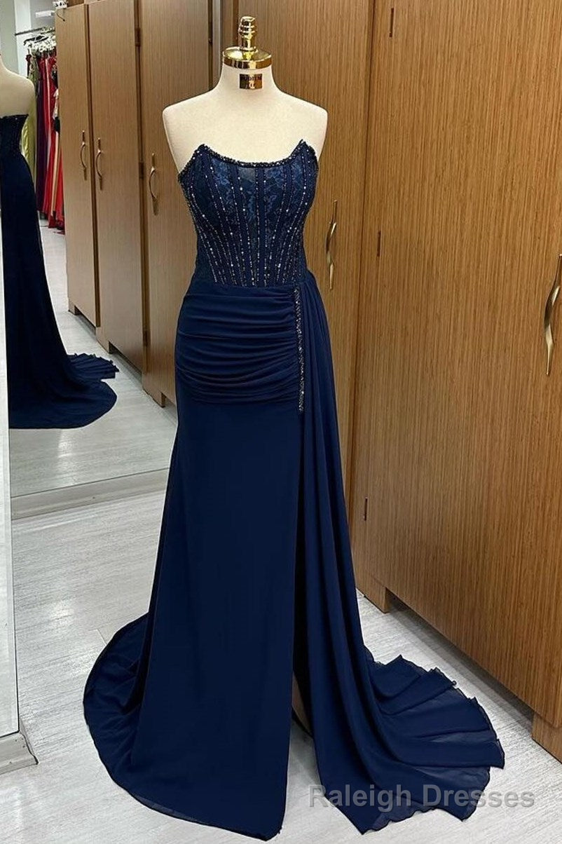 Navy Lace Beaded Strapless Long Formal Dress with Attached Train