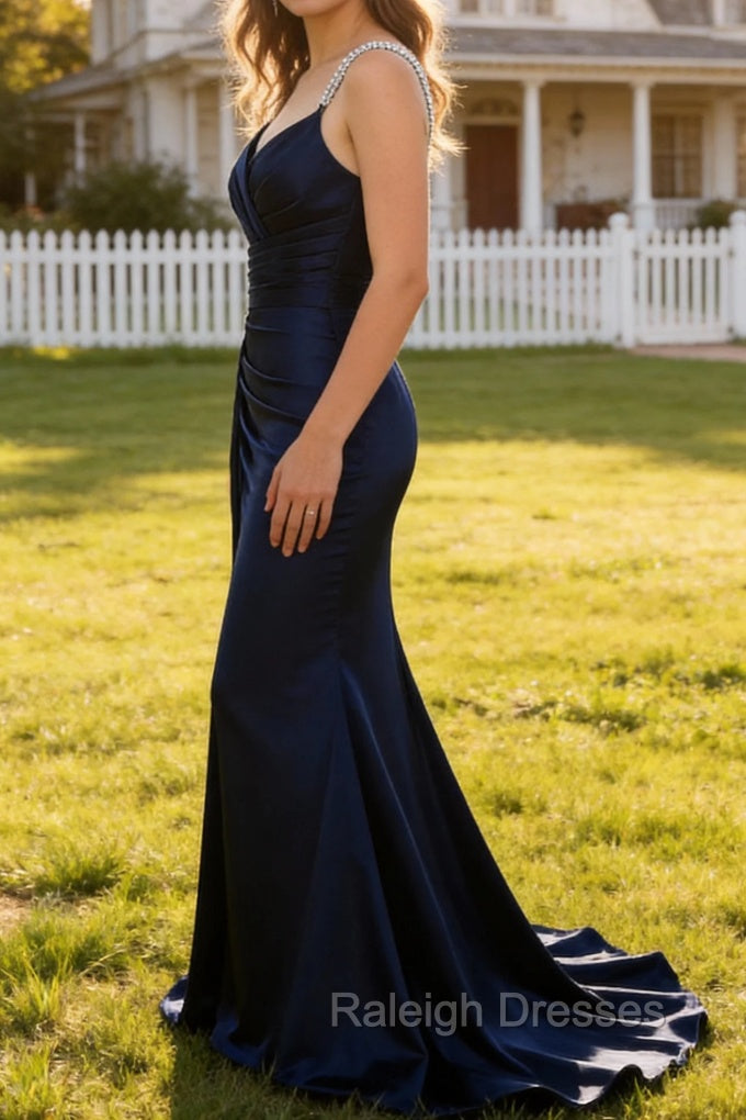 Navy Mermaid Spaghetti Straps Pleated Corset Long Prom Dress With Slit