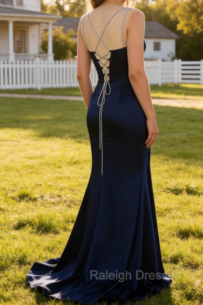 Navy Mermaid Spaghetti Straps Pleated Corset Long Prom Dress With Slit