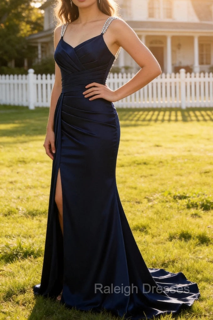 Navy Mermaid Spaghetti Straps Pleated Corset Long Prom Dress With Slit Main image