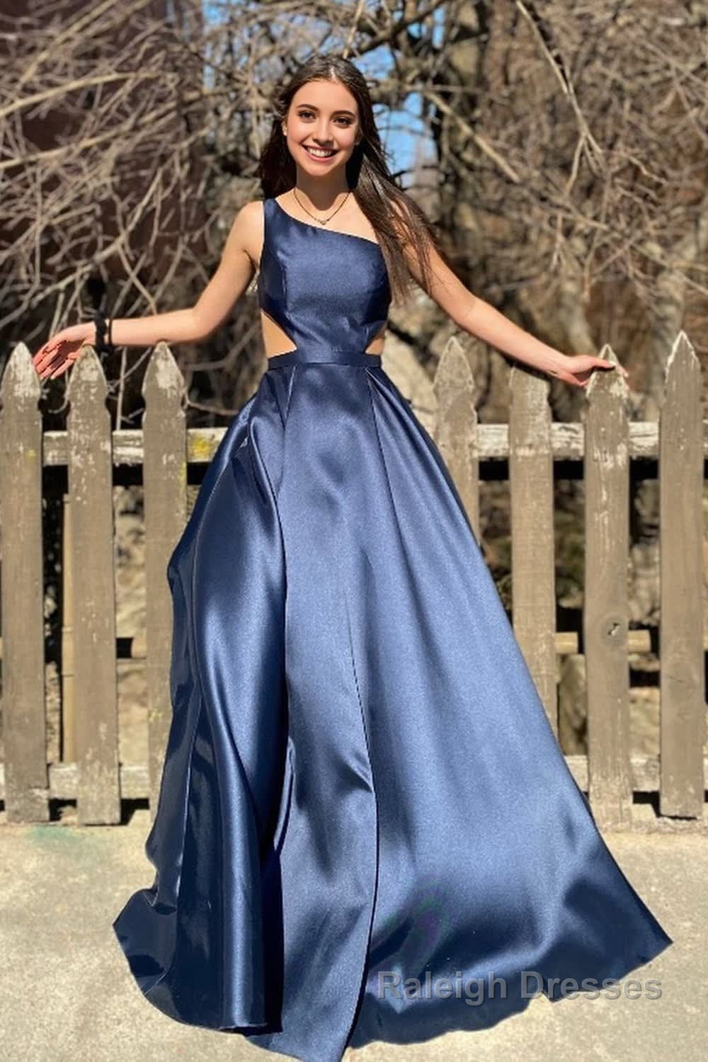 Navy One Shoulder A Line Long Prom Dress Main image
