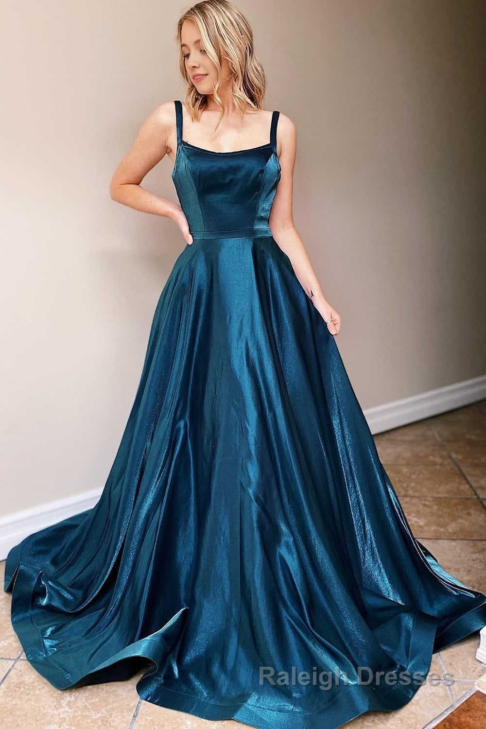 Navy Satin Spaghetti Straps A Line Prom Dress